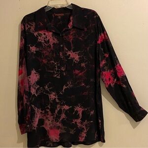 Mishca Top Popover Size XL Paint Spattered Long Sleeve Black Pink Blouse